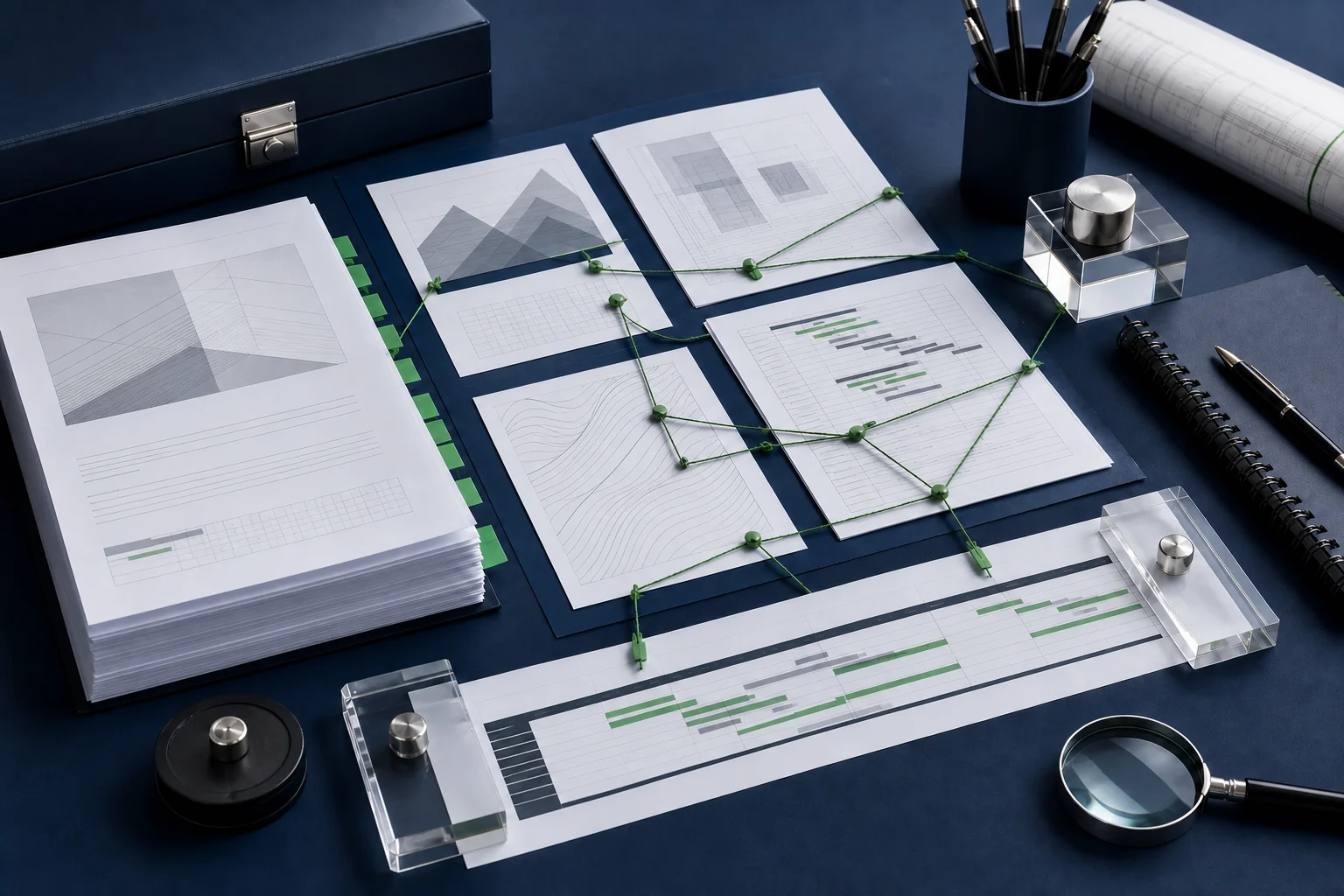 Organized construction evidence and schedule sheets connected across a claim-review worktable