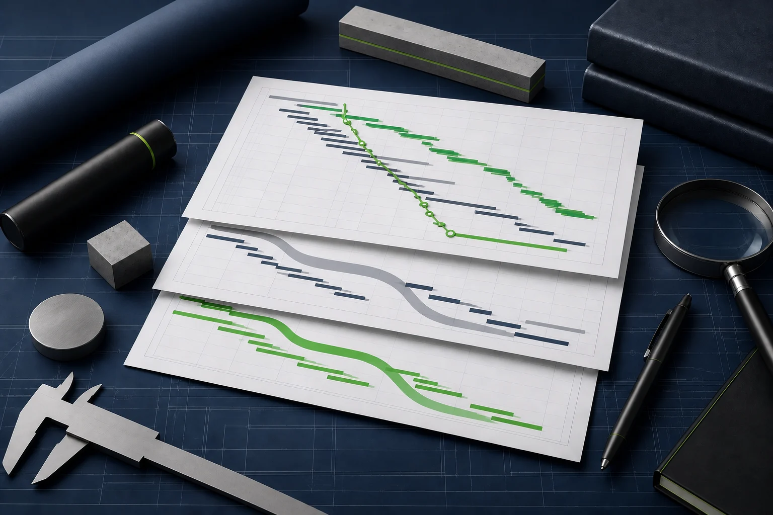 Layered construction schedules with a green critical-path trace on a project-controls worktable